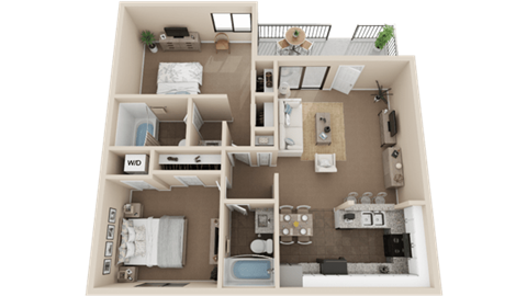 A detailed 3D floor plan of a small apartment layout.